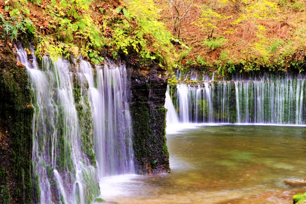 軽井沢でも人気の観光スポット「白糸の滝」。紅葉の季節にはフォトジェニックな光景が広がる