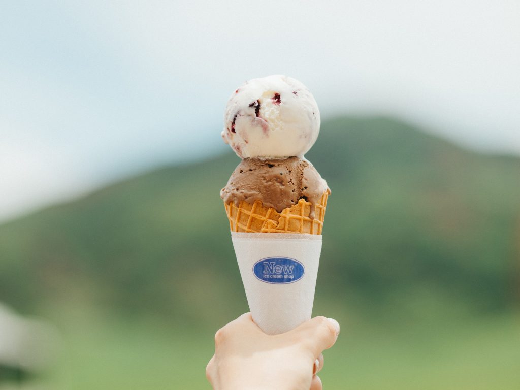 阿蘇で採れた旬の野菜や果物を使っている「New ice cream shop」。「アイスクリーム ダブル」750円（税込み）